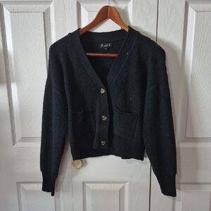 Marled Black Cardigan Sweater With Two Front Pockets And Tortoise Shell Buttons